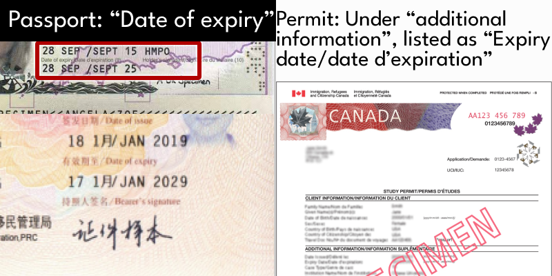 Image of Passport and Permit expiry dates, listed as Date of Expiry or Expiration Date respectively